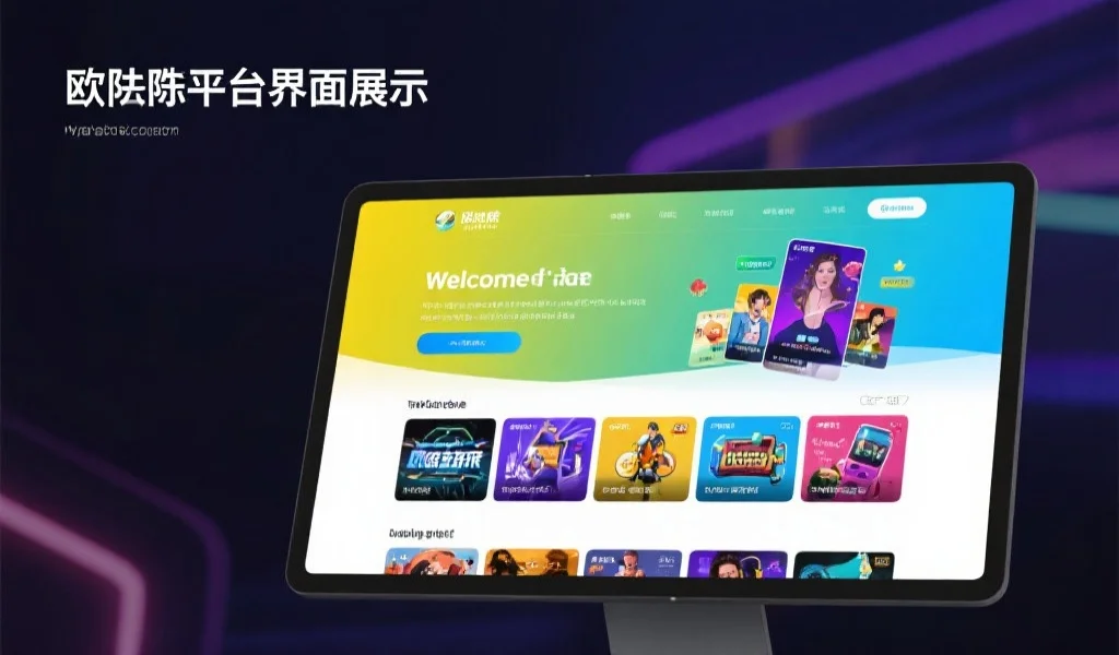 欧陆娱乐平台界面展示，屏幕上显示欢迎页面和多种娱乐选项，色彩明快，风格现代
