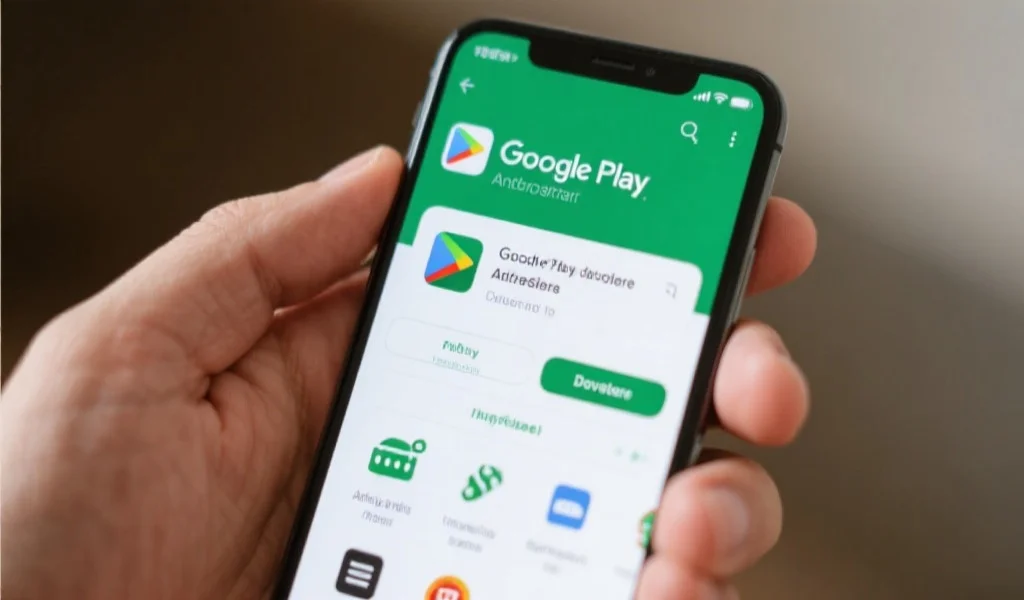 一只手持安卓手机，手机屏幕上显示Google Play应用商店正在下载应用，界面清晰可见